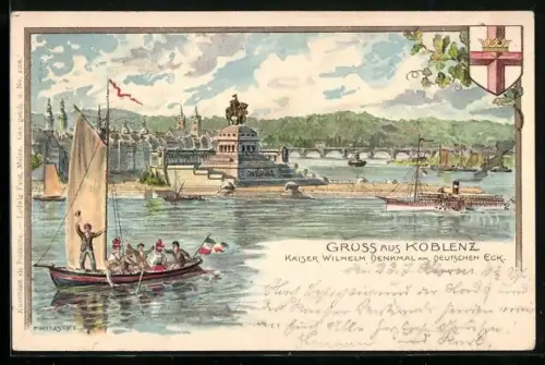 Lithographie Koblenz, Kaiser Wilhelm Denkmal am Deutschen Eck