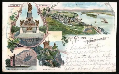 Lithographie Rüdesheim am Rhein, National-Denkmal, Blick auf Mäusethurm, Ehrenfels u. Rossel, Schloss-Rheinstein