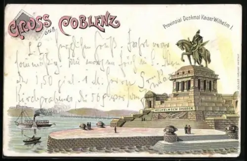 Lithographie Coblenz, Provinzial Denkmal Kaiser Wilhelm I