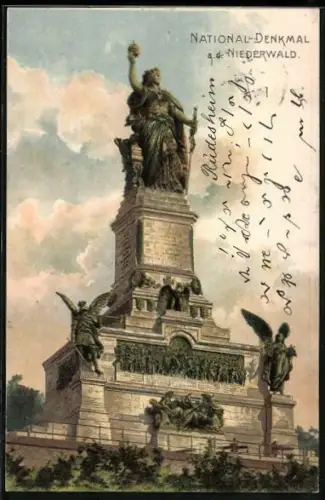 Lithographie Niederwald, National-Denkmal mit Engeln