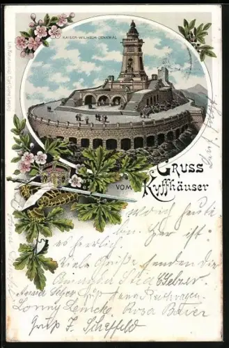 Lithographie Kyffhäuser, Menschen vor dem Kaiser-Wilhelm-Denkmal