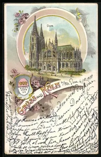Lithographie Köln, Dom mit Umgebung, Wappen, Blumen