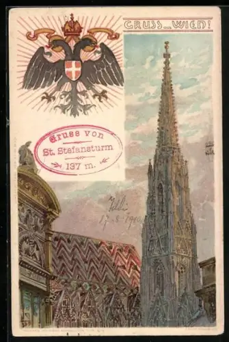 Lithographie Wien I, Stephansplatz, Stephansdom, schwarzer doppelköpfiger Adler