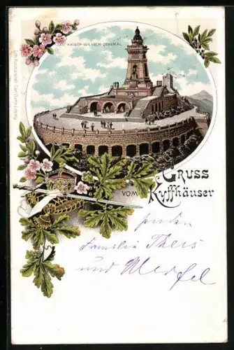 Lithographie Kyffhäuser, Menschen vor dem Kaiser-Wilhelm-Denkmal