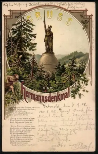 Lithographie Detmold, Hermannsdenkmal zwischen Nadelbäumen