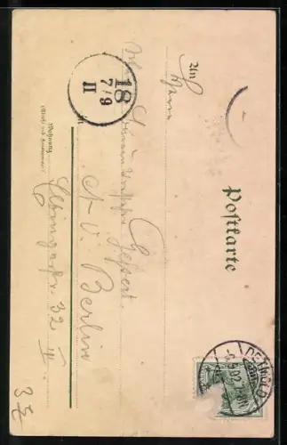 Lithographie Detmold, Hermannsdenkmal zwischen Nadelbäumen