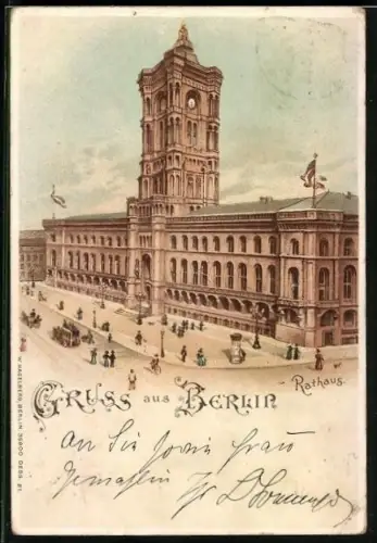 Lithographie Berlin, Rathaus mit Strasse