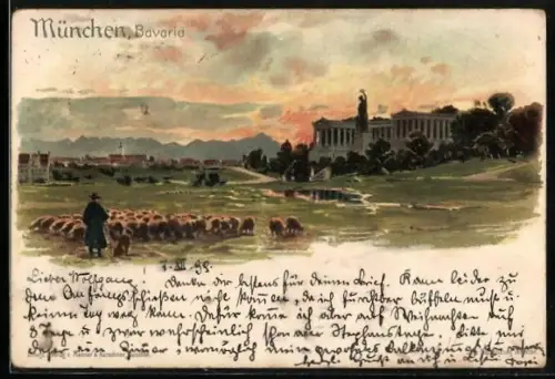 Künstler-AK München, Ruhmeshalle mit Bavaria, Schäfer mit Herde