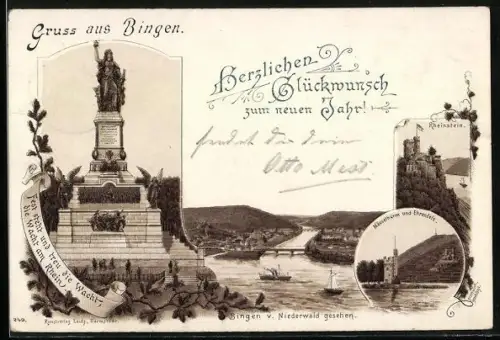 Lithographie Bingen, Die Wacht am Rhein, Rheinstein, Mäusethurm