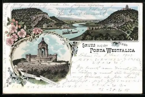 Lithographie Porta Westfalica, Denkmal Wilhelm der Grosse, Panorama