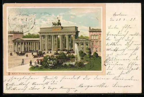 AK Berlin, Brandenburger Tor mit Springbrunnen