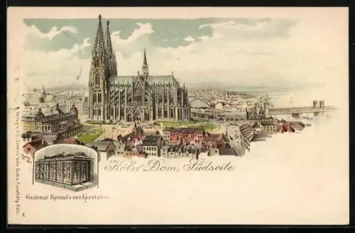 Lithographie Köln, Südseite des Kölner Doms, Grabmal Konrad`s von Hostaden