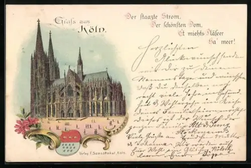 Lithographie Köln, Blick zum Dom, Wappen