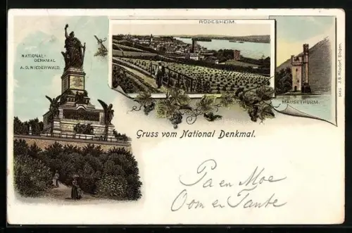 Lithographie Rüdesheim, Nationaldenkmal auf dem Niederwald, Mäusethurm