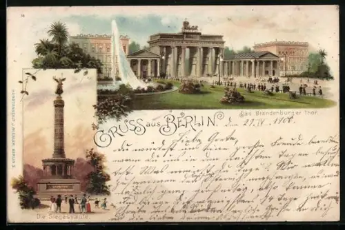 Lithographie Berlin, Siegessäule, Brandenburger Thor