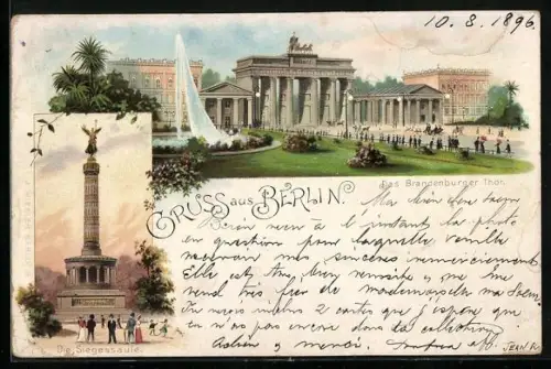 Lithographie Berlin, Brandenburger Tor, Siegessäule
