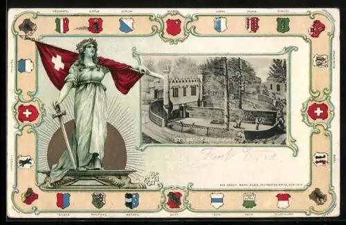 AK Bern, Bärengraben, Wappen, Helvetia mit Flagge