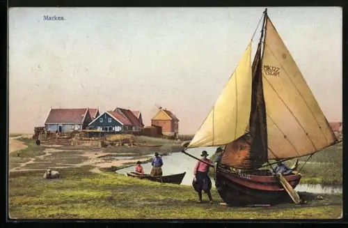 Künstler-AK Photochromie Nr. 2946: Marken, Ortspartie und Männer mit Booten