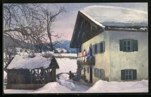 Künstler-AK Photochromie Nr. 1160: Winterlandschaft mit Häusern und Bäumen