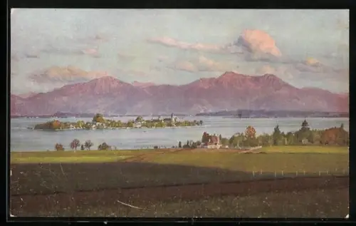 Künstler-AK Photochromie Nr. 2121: Frauenchiemsee, Insel und Bergpanorama