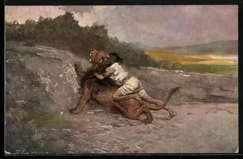 AK Alttestamentische Bilder, Simson tötet einen Löwen