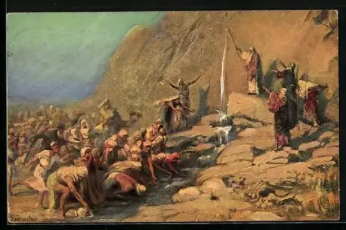 AK Alttestamentliche Bilder, Moses schlägt Wasser aus dem Felsen