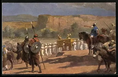 Künstler-AK Bilder aus dem Alten Testament, Israel zieht mit der Bundeslade torckenen Fusses durch den Jordan