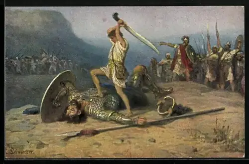 Künstler-AK Die heilige Schrift, David und Goliath im Duell, Schwert, Lanze, Schild