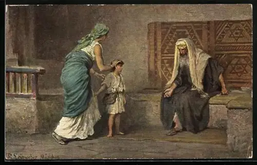 Künstler-AK Alttestamentliche Bilder, Hanna bringt Samuel zu Eli