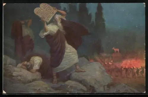 AK Bibelszene, Moses zertrümmert die Tafeln mit den 10 Geboten