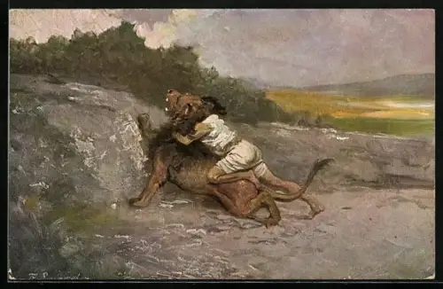 AK Alttestamentische Bilder, Simson tötet einen Löwen