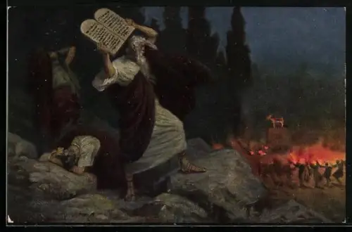 AK Bibelszene, Moses zertrümmert die Tafeln mit den 10 Geboten