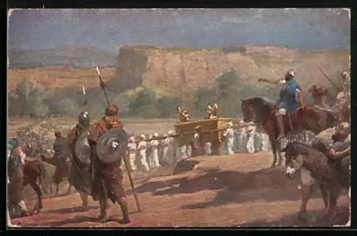 Künstler-AK Bilder aus dem Alten Testament, Israel zieht mit der Bundeslade torckenen Fusses durch den Jordan