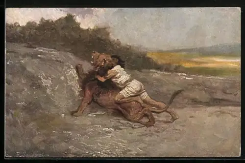 AK Alttestamentische Bilder, Simson tötet einen Löwen