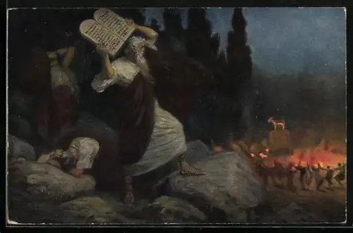 AK Bibelszene, Moses zertrümmert die Tafeln mit den 10 Geboten