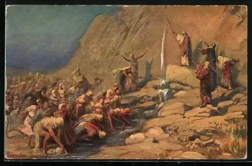 AK Moses beim Schlagen von Wasser aus dem Felsen