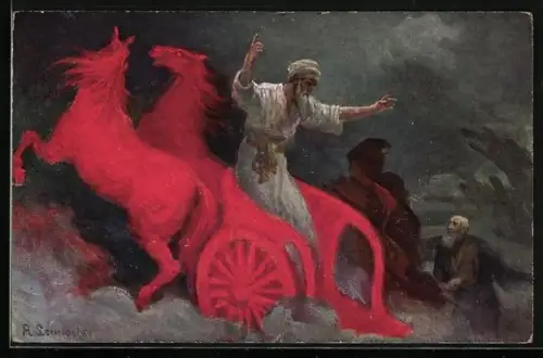Künstler-AK Die heilige Schrift, Altes Testament, Elias fährt im feurigen Wagen gen Himmel