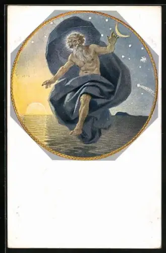 AK Bibl. Bilder Die Schöpfung, der Schöpfer fliegt in einem Tuch umhüllt über das Meer