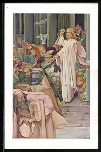 Künstler-AK Tempelreinigung, Jesus verjagt Händler