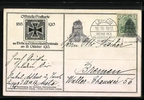 AK Leipzig, Völkerschlachtdenkmal, offizielle Postkarte zur Weihe des Denkmals 1913