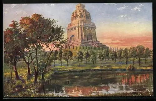 AK Leipzig, Völkerschlachtdenkmal mit See