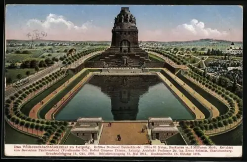 AK Leipzig, Völkerschlachtdenkmal aus der Vogelschau mit Fernblick