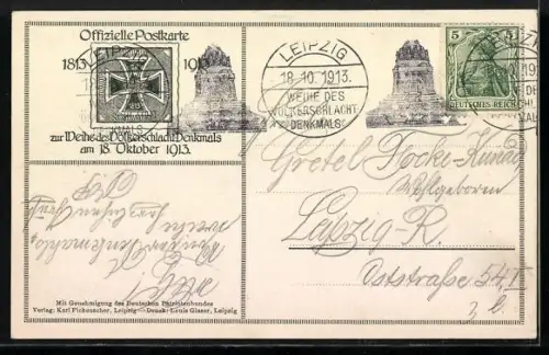 AK Leipzig, Völkerschlacht-Denkmal, 1813-1913, Gott mit uns, Feuerschalen