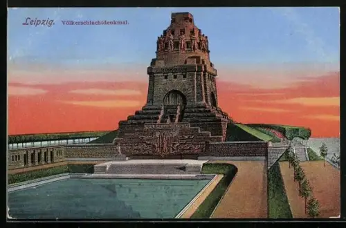 AK Leipzig, Völkerschlachtdenkmal, Ansicht des Denkmals mit See der Tränen