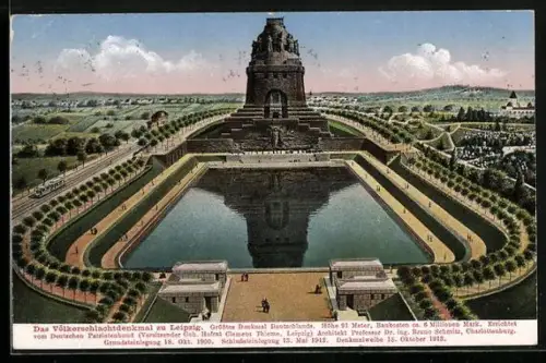 AK Leipzig, Völkerschlachtdenkmal aus der Vogelschau mit Fernblick