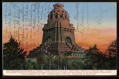 AK Leipzig, Völkerschlachtdenkmal bei Sonnenuntergang