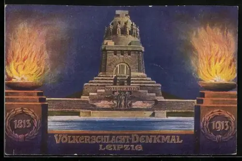 AK Leipzig, Völkerschlacht-Denkmal, 1813-1913, Gott mit uns, Feuerschalen