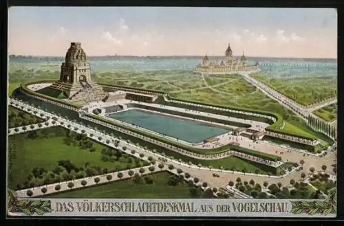 AK Leipzig, Völkerschlachtdenkmal aus der Luft gesehen