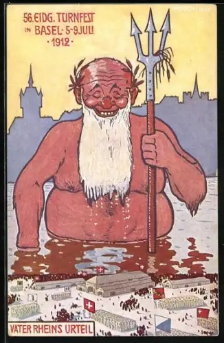 AK Basel, 56. Eidg. Turnfest 1912, Vater Rheins Urteil, dicker Neptun am Festgelände