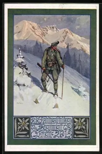 Künstler-AK Soldat des K. k. Landesschützen-Regiment Nr. 1 auf Skipatrouille im Gebirge, Deutscher Schulverein